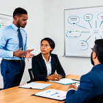 A diverse group of professional adults, fully clothed in modest business attire, actively engaged in a collaborative discussion around a large, polished conference table in a brightly lit, modern office. They are gesturing thoughtfully and making eye contact, symbolizing shared metacognitive reflection and critical thinking. Whiteboards in the background display abstract diagrams and mind maps. The scene is captured with professional photography, showcasing perfect anatomy, correct proportions, natural poses, well-formed hands, and proper finger count. safe for work, appropriate content, fully clothed, professional, modest clothing, high quality.