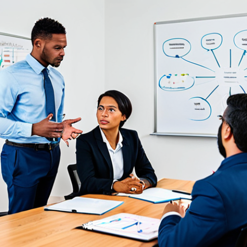 A diverse group of professional adults, fully clothed in modest business attire, actively engaged in a collaborative discussion around a large, polished conference table in a brightly lit, modern office. They are gesturing thoughtfully and making eye contact, symbolizing shared metacognitive reflection and critical thinking. Whiteboards in the background display abstract diagrams and mind maps. The scene is captured with professional photography, showcasing perfect anatomy, correct proportions, natural poses, well-formed hands, and proper finger count. safe for work, appropriate content, fully clothed, professional, modest clothing, high quality.