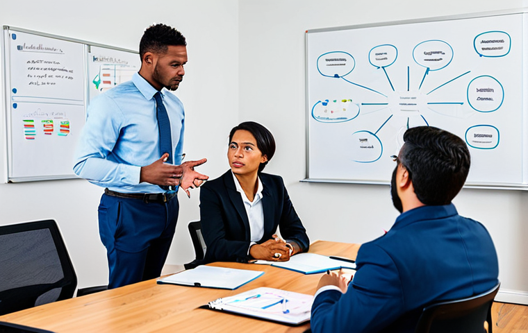 A diverse group of professional adults, fully clothed in modest business attire, actively engaged in a collaborative discussion around a large, polished conference table in a brightly lit, modern office. They are gesturing thoughtfully and making eye contact, symbolizing shared metacognitive reflection and critical thinking. Whiteboards in the background display abstract diagrams and mind maps. The scene is captured with professional photography, showcasing perfect anatomy, correct proportions, natural poses, well-formed hands, and proper finger count. safe for work, appropriate content, fully clothed, professional, modest clothing, high quality.