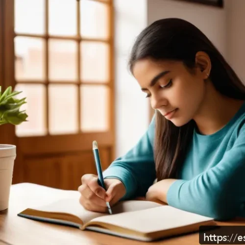 Home 31 메타인지 훈련을 통한 목표 달성 전략 - A thoughtful young Hispanic adult woman sitting at a wooden desk in a cozy, sunlit room, writing in ...