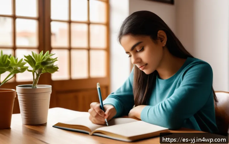 메타인지 훈련을 통한 목표 달성 전략 - A thoughtful young Hispanic adult woman sitting at a wooden desk in a cozy, sunlit room, writing in ...