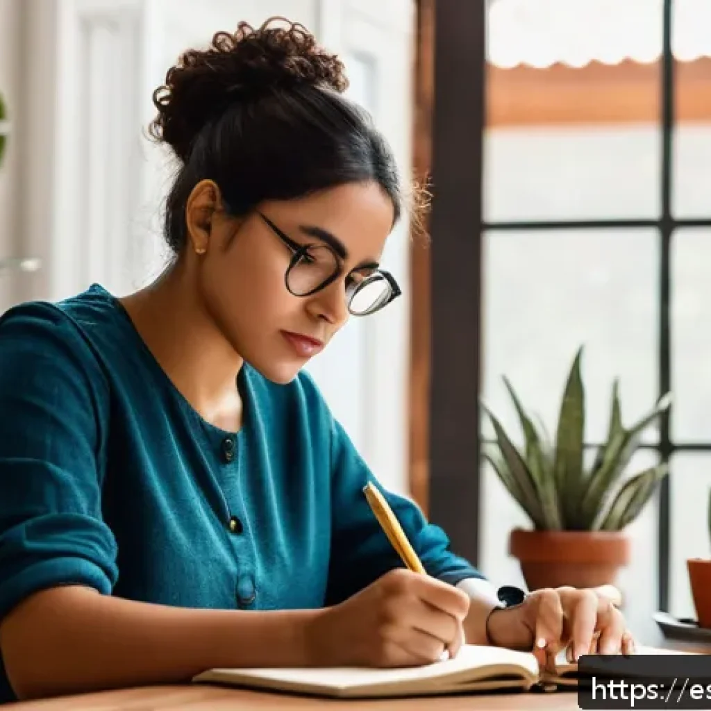 메타인지와 메타 인지적 사고 - A serene home office scene depicting a young Hispanic professional woman thoughtfully journaling in ...