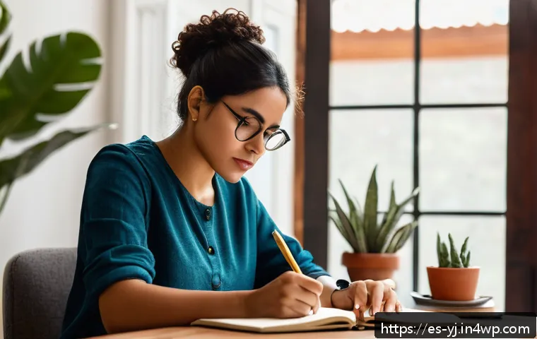 메타인지와 메타 인지적 사고 - A serene home office scene depicting a young Hispanic professional woman thoughtfully journaling in ...
